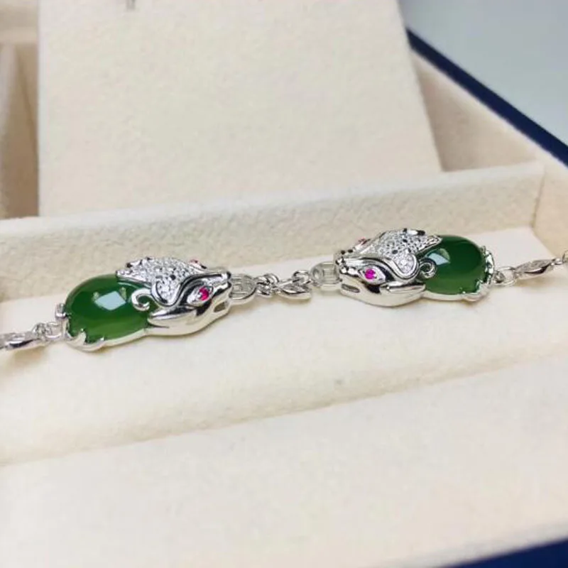 Natural Hetian Green Jade Animal Head Shape Jasper Noodle Silver Bracelet For Women Jewelry Temperament