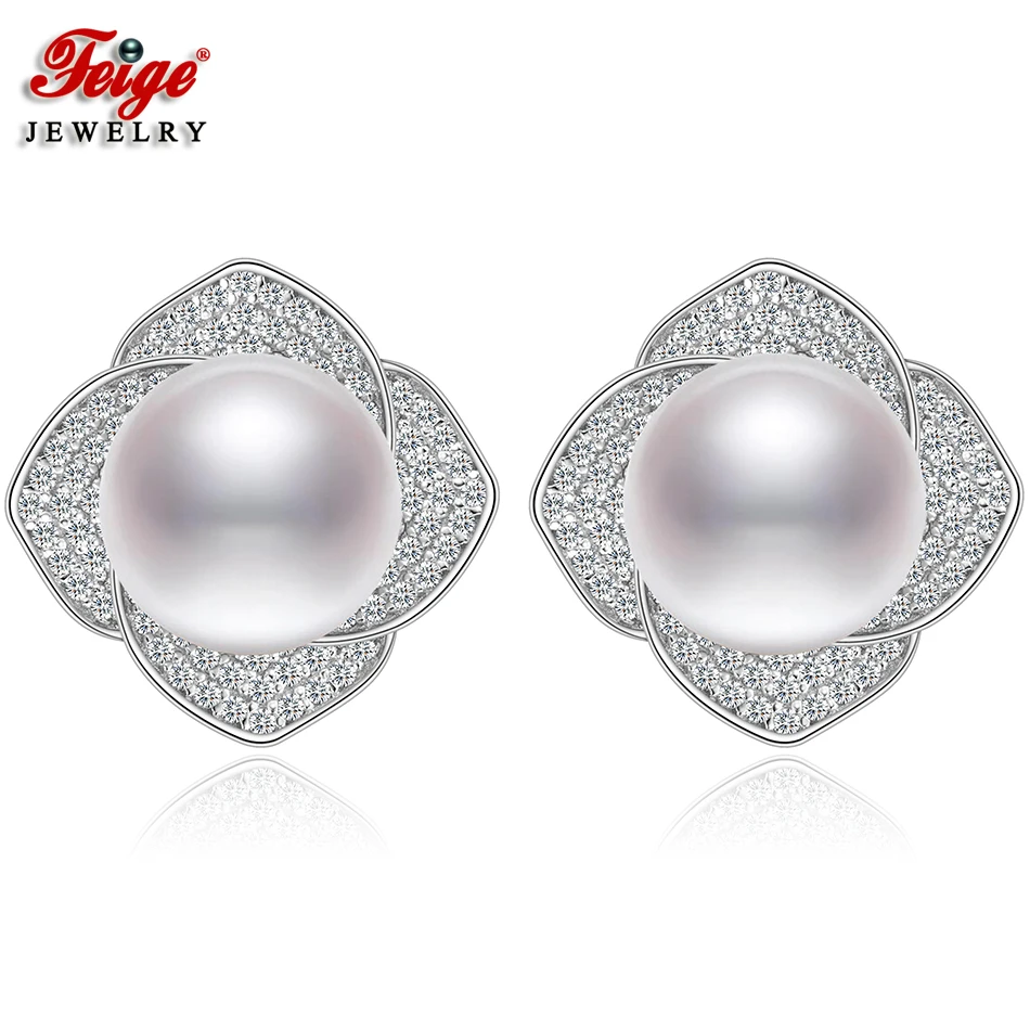 

Flower Pure 925 Sterling Silver Stud Earrings for Woman 9-10MM White Freshwater Pearl Earring Luxury Wedding Jewelry Gifts FEIGE