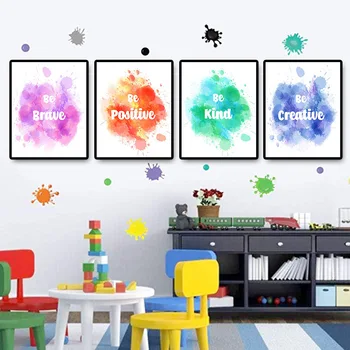 

BE BRAVE BE CREATIVE Watercolor English Inspirational Canvas Painting Positive Energetic Printing Children's Room Classroom