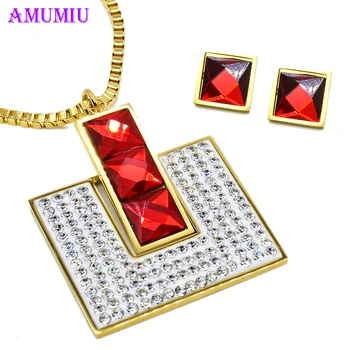 

AMUMIU Bridal RED Rhinestone Jewelry Sets For Women Wedding Gifts Necklace Stud Crystal Earrings JS217