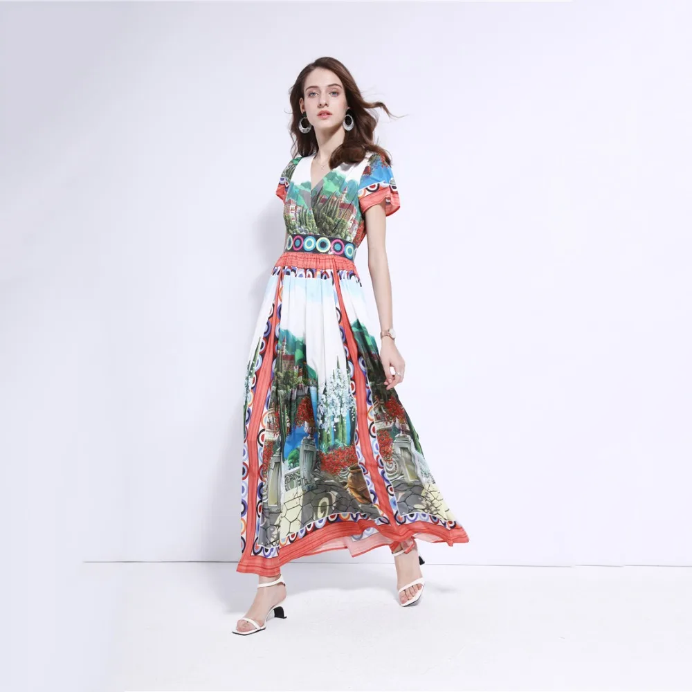 

Summer Designer Long Dress Women's Short Sleeve Charming Building Printed Resort Maxi Robe Femme Ete Retro Vestido