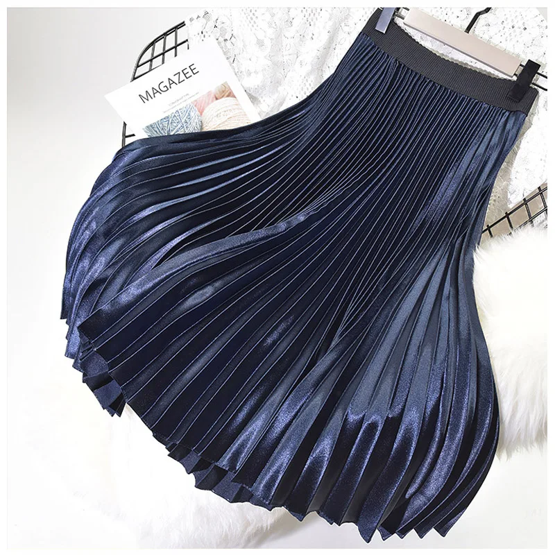 Женская элегантная плиссированная юбка металлического цвета эластичная высокая талия женская Юбка-миди высокого качества шикарные юбки Saias осень SK396
