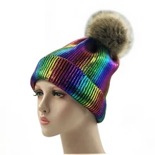 Новая зимняя металлическая розовая вязаная шапочка с помпонами, шапка для женщин, пушистый двойной помпон из искуственного меха, помпон, вязаная шапка с помпоном, лыжная