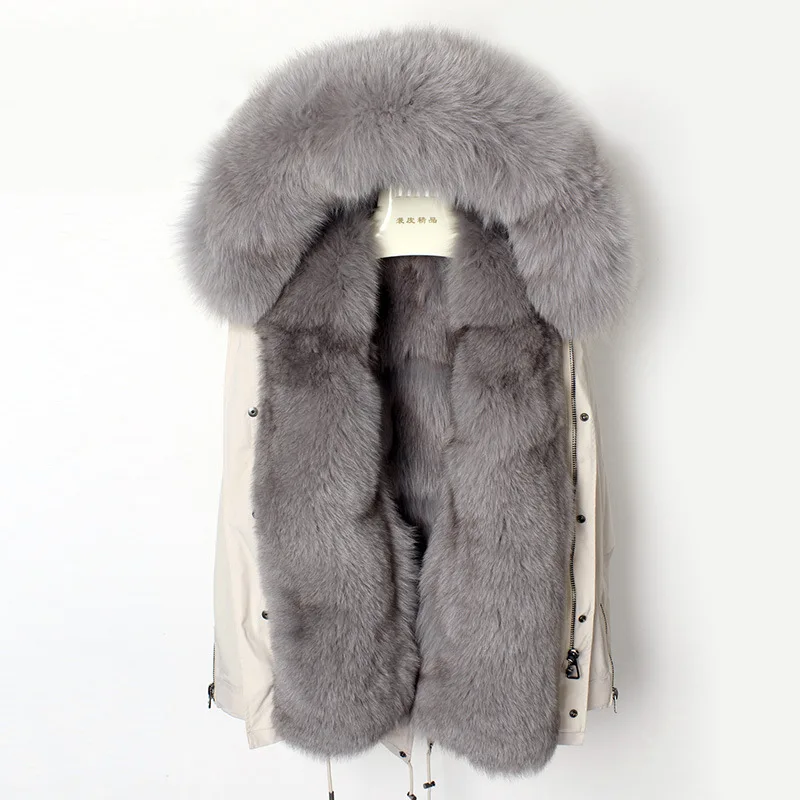 beige grey OFTBUY водонепроницаемая ткань пальто с натуральным мехом зимняя куртка женская длинная парка натуральный Лисий Мех капюшон Толстая теплая уличная верхняя одежда - Цвет: beige grey