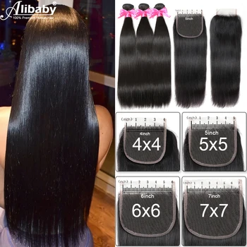 

4x4 5x5 6x6 7x7 Lace Closure With Bundles Human Hair Bundles With Closure Straight Remy Hair Extensions Double Weft 8-30 Inch