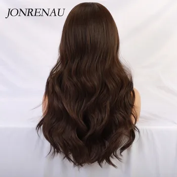 JONRENAU Long Brown Color Synthetic Natural Wave Wigs with Neat Bangs for White/Black Women Party Wear 6