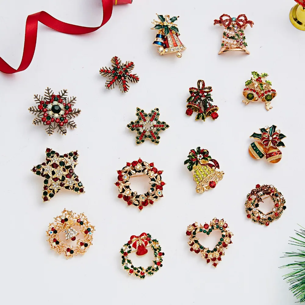 Rinhoo модные рождественские булавки, подарки, рождественские колокольчики, венок, снежинка, звезда, хрустальные броши для женщин, цветная Новогодняя брошь