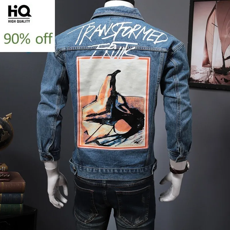 

Fashion Printed Mens Spring Personality Washed Denim Jackets Moto Biker Long Sleeve Single Breasted Slim Male Coats Plus Size