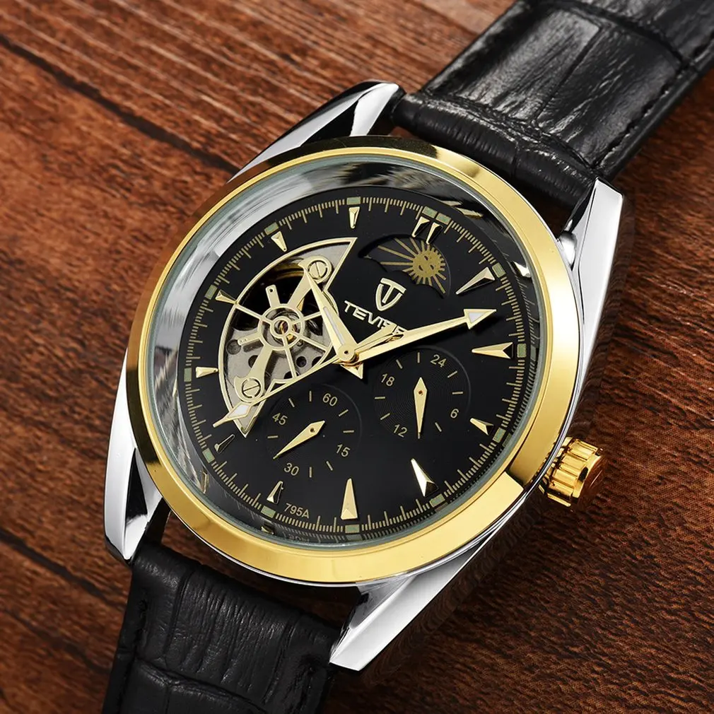 

TEVISE Men Watch Tourbillon Automatic Leather Strap Watches Luxury Moon Phase Mechanical Waterproof Watch Hollow Out Dial New