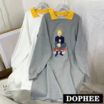 

Autumn New Sweatshirt Female Korean Loose Long Polo Collar Girl Terry Cotton Hoodie Dress Women Spring Casual Long Tee Dress
