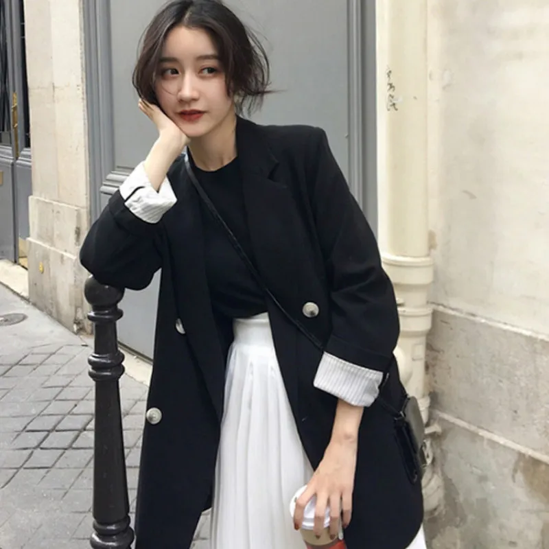 Vintage Black Ladies Blazer Casual Loose Suit Jacket Long Sleeve Bleizer Femenino Korean High Street Spring Women Blazer MM60NXZ
