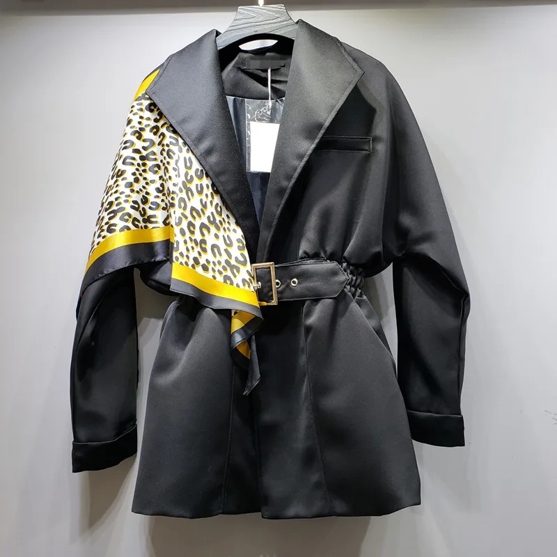 

DEAT 2019 Autumn Winter Notched Collar Black Leopard Patchwork Long Blazer With Belt Women Coat MG569