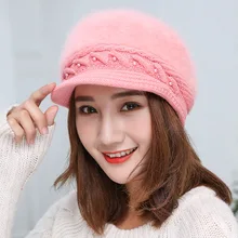 Новинка, модный Регулируемый зимний женский берет из кроличьего меха, одноцветная плоская шапка, теплые вязаные наушники, Шерстяная Шапка-бини