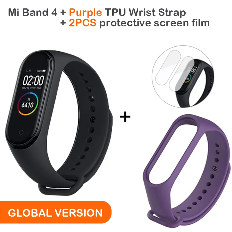 Add Purple Strap Глобальная версия, Xiaomi Mi, 4 смарт-браслет, AMOLED экран, Smartband, фитнес-браслет, Bluetooth, спортивный, водонепроницаемый - Цвет: Add Purple Strap