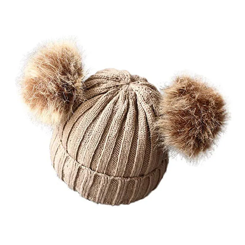 Children's winter infant newborn baby kids faux fur hat beanie with two double pom pom for boys and girl 1-3Y - Color: Coffee