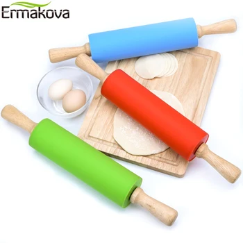 

ERMAKOVA Silicone Rolling Pin with Wooden Handle Dough Roller Dough Pizza Pastry Pie Pasta and Cookies Baking Tools