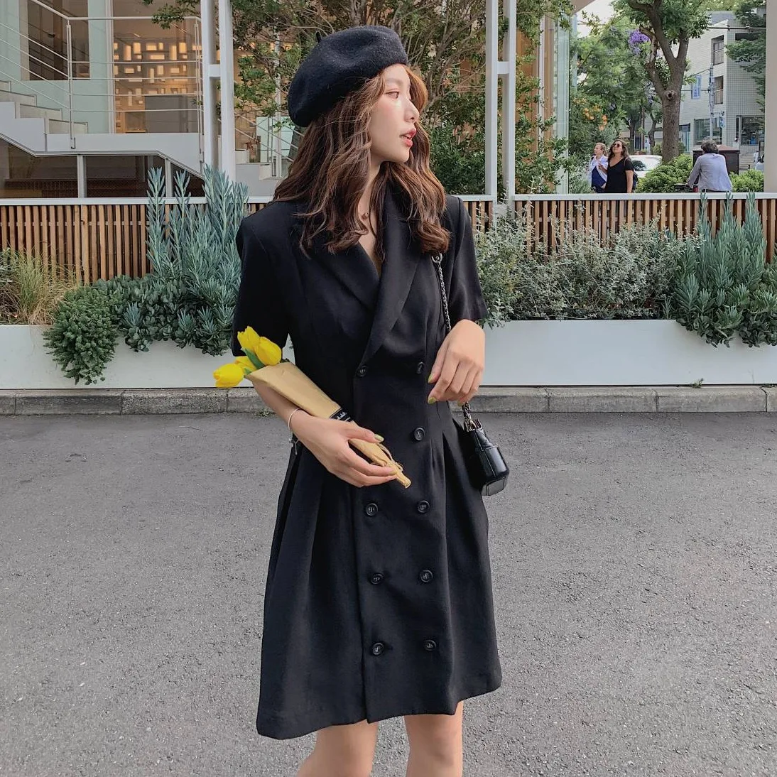 

Photo Shoot INS Cool Skirt Handsome Mid-length Black And White with Pattern Suit Collar Double Breasted Waist Hugging A- line Dr