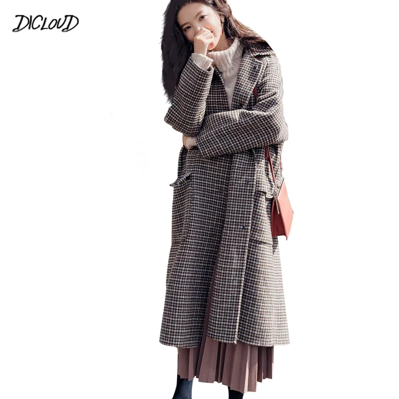 

DICLOUD Wool Long Coat Women Fashion 2019 Harajuku Loose Winter Coats Female Elegant Vintage Plaid Jacket Casaco Feminino