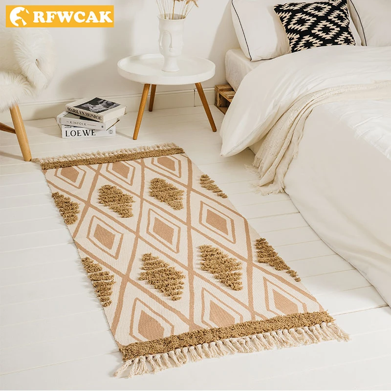 Morocco Cotton Hand Woven Carpet Tufted Tassels Floor Mat Bedroom Tapestry Blanket Living Room Carpet Area Rug Tapete Para Sala