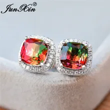 Женское мистическое Радужное огненное кристалл принцесса квадратные серьги 925 серебро розовое золото Красный Зеленый циркониевый серьги-гвоздики для женщин свадьбы