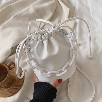 

Simple Solid Color Shoulder Bag High Quality Acrylic Chain Bucket Bag Fashion Pu Leather soft Crossbody Bag Handbag Women Bags