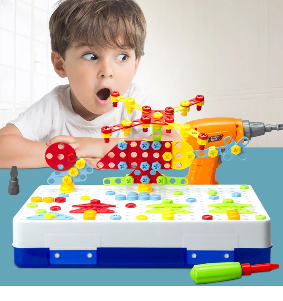 Детские игрушечные дрели, креативная развивающая игрушка, электрическая дрель, шурупы, головоломка, собранный мозаичный дизайн, строительные игрушки для мальчиков, игрушка для ролевых игр