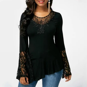

Spring Autumn Women Boho Solid Splice Lace Tops Bell Sleeve Hollow Female T-Shirt Casual Slim Ladies Tee Shirt Plus Size 5XL