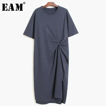 

[EAM] Women Dark Blue Knot Split Big Size Midi Dress New Round Neck Short Sleeve Loose Fit Fashion Tide Spring Summer 2020 1U190