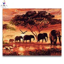 Diy Раскраска по номерам животные закат Африканский Слон стадо картины по номерам с комплектами посылка на холсте