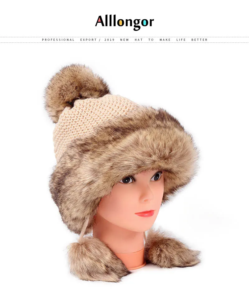Зимняя женская вязаная шапка-ушанка из искусственного меха кролика, теплая шапка-ушанка для снежной принцессы