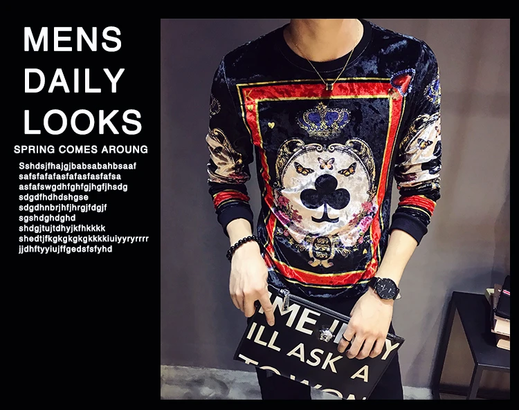 Дизайнерская футболка с принтом Homme Club Outfit, Мужская облегающая бархатная футболка с длинным рукавом и круглым вырезом, осень, роскошная мужская Велюровая футболка