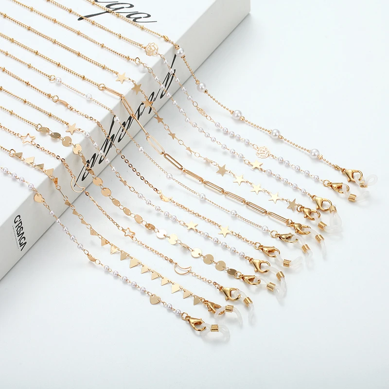 女性用合金チェーン イミテーションパール ゴールドカラー スタームーンチェーン 眼鏡コード ネックストラップ Eyewear Accessories Aliexpress