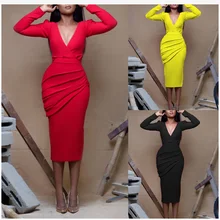 Women Spring Autumn Dress 2022 New Fashion Selling Hot Style Sexy Deep V Package Hip long-sleeved Dress