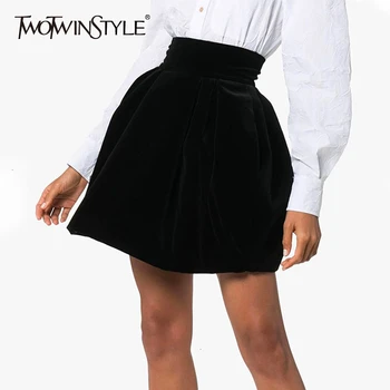 

TWOTWINSTYLE Velour Ruched Skirt For Female Casual High Waist Autumn Elegant A-Line Women's Skirts Fashion Clothing 2020 Tide