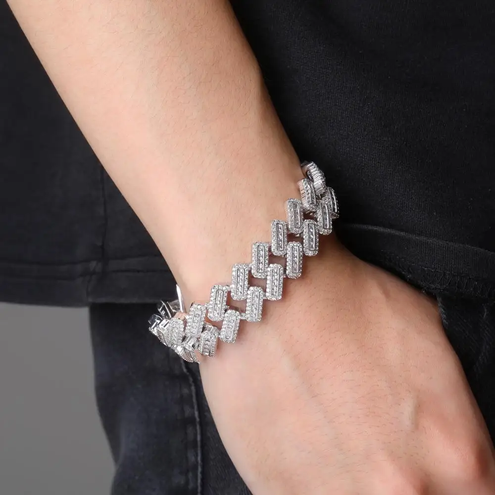 Cena TOPGRILLZ 20mm Box zapięciem na klamrę bagietki cyrkon Prong ustawianie kubańska bransoletka Iced Out cyrkonia Chain Hip Hop Rock biżuteria