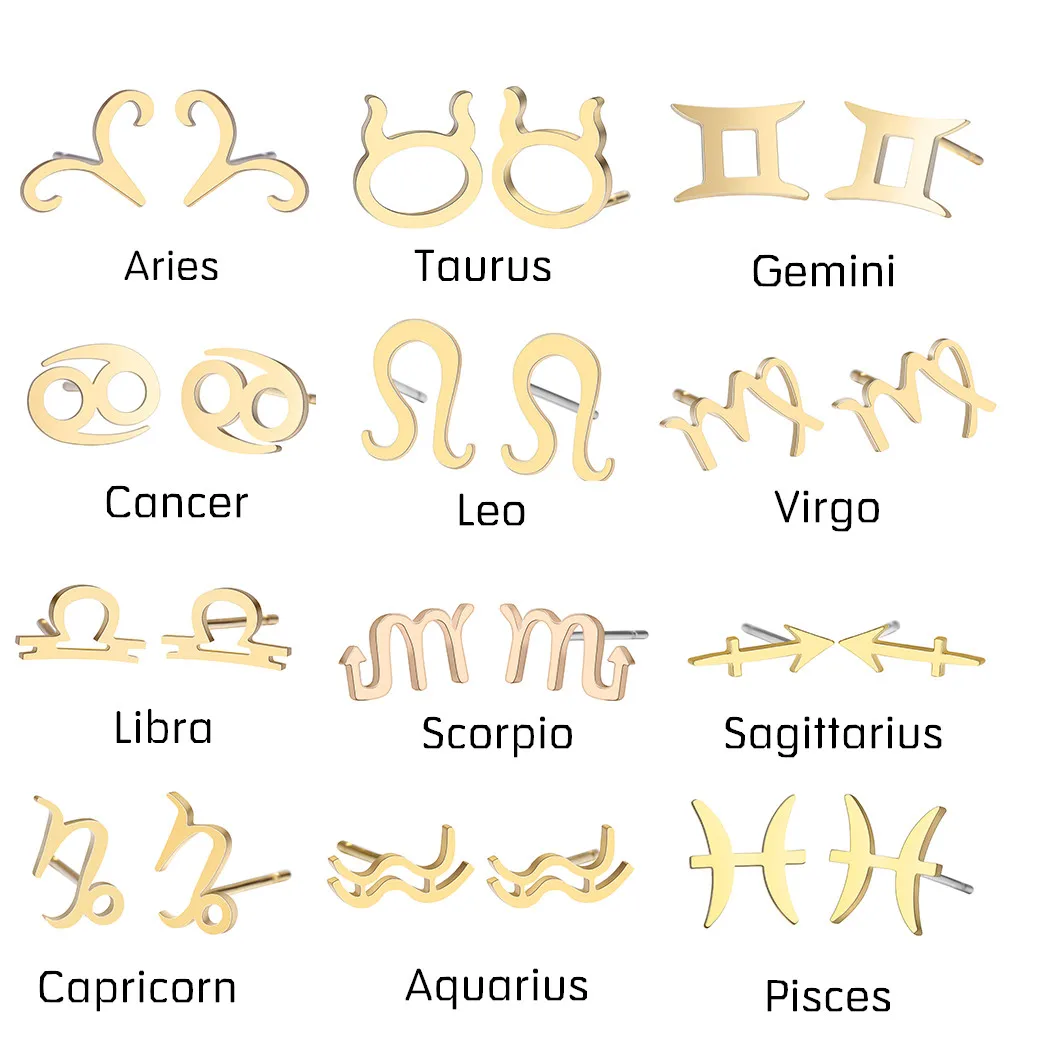 Chandler Stainless Steel 12 Constellation Earrings Star Zodiac Sign Studs Fashion Tiny Accessories Female Girls Bijoux Femme