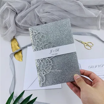 

Special Glitter Silver Tri-fold Laser Cut Wedding Invitations With RSVP Card & Belly Band, Laser Invites For Weddings&Event