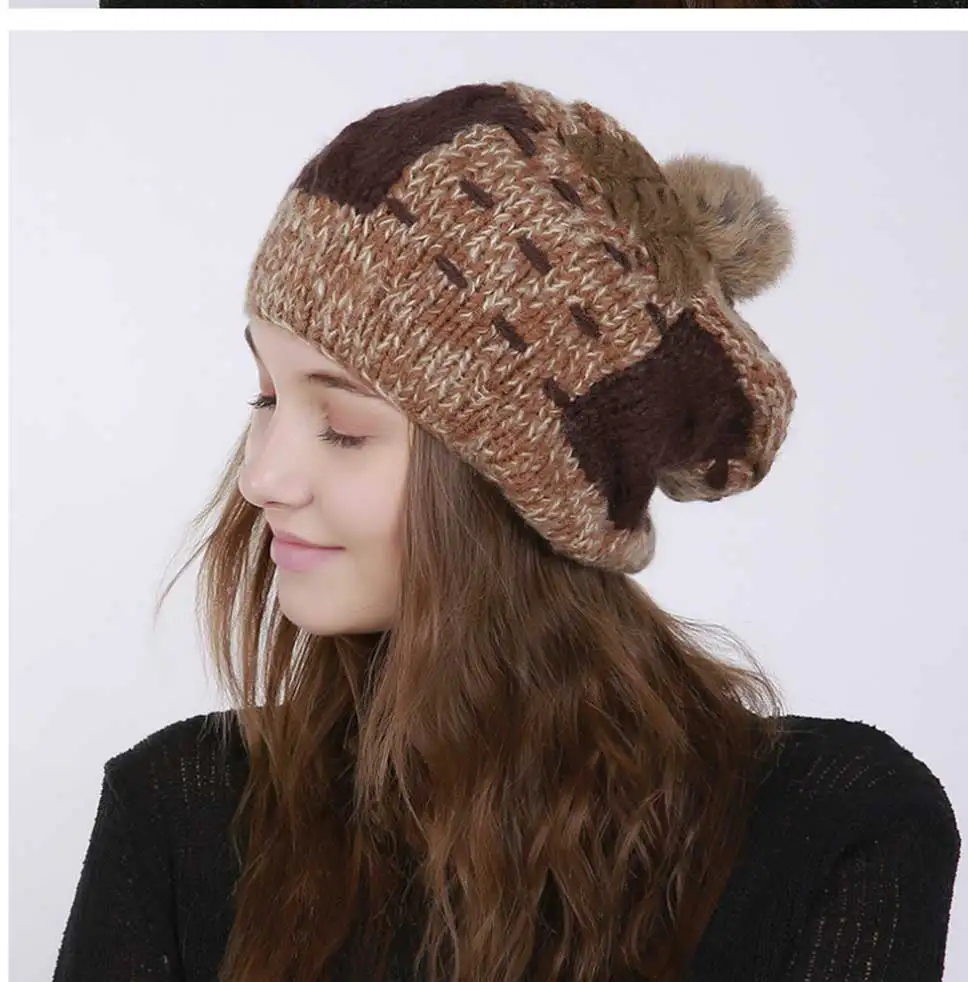 BEFORW Fall Women Vintage Splice Knit Rabbit Hair Pom Pom Beanie Hat Winter Slouchy Warm Beanies Hats