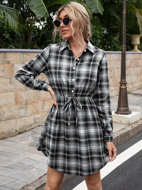 Women Casual Slim Long Sleeve Plaid Shirt Dress Spring Autumn