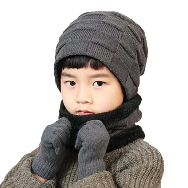 

Winter Child Hat Scarf Gloves 3 Peice Set Kids Outdoor Warm Knitted Plush Cap Scarves And Touchscreen Gloves Boys Accessories