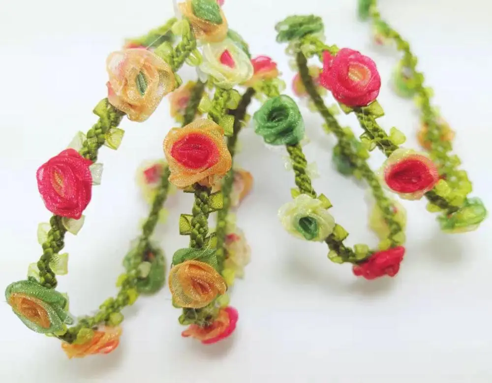 Special Edition|Compact Ombre Rose Buds on Green Woven Rococo Ribbon Trim|Decorative Floral Ribbon|Scrapbook|ClothingCraft Supplies