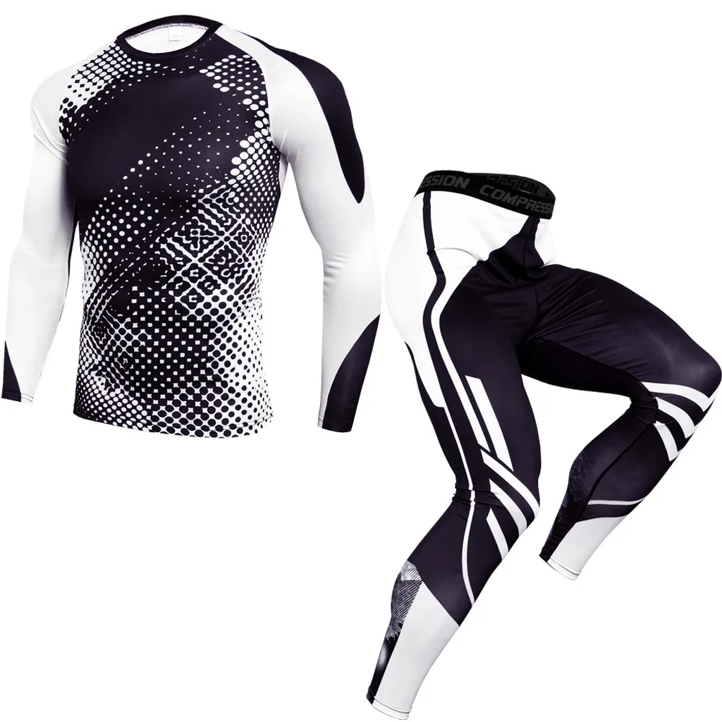 Спортивный костюм из 2 предметов, Мужская компрессионная футболка с длинным рукавом, комплект с принтом, толстовка+ леггинсы, термобелье для фитнеса, 9,2 - Цвет: WH