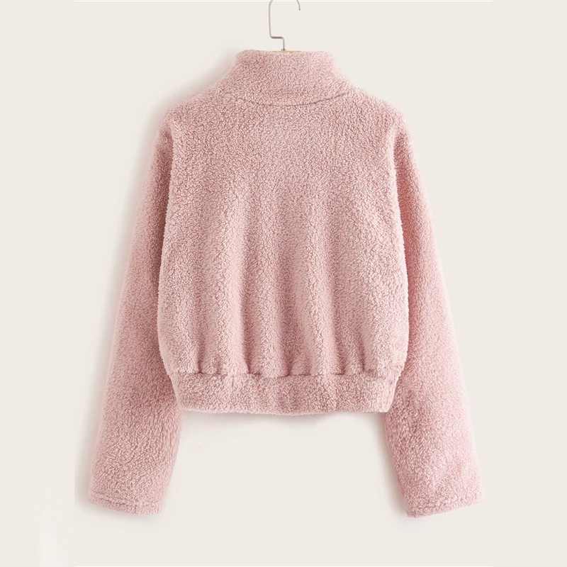 Dotfashion Розовый Повседневный плюшевый свитер с молнией спереди для женщин зимние однотонные милые толстовки со стоячим воротником