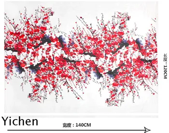 

White Natural Silk Fabric Stockclear & Linen Fabric Red Floral Printing Material Dress Cloth Plum Blossom In Snow Chinese Style