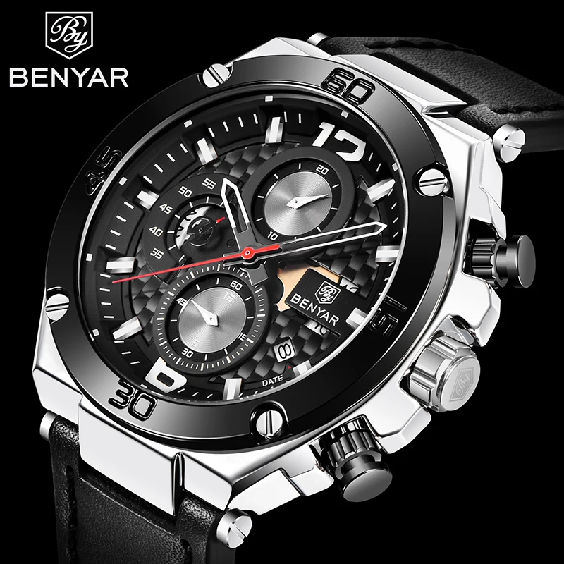 BENYAR 2023 New quartz men's watches fashion leather men wrist watch military waterproof chronograph watch men Relogio Masculino