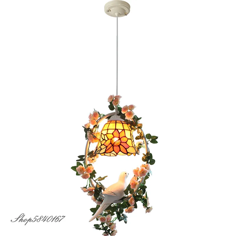 Turkish Flower Bird Light Pendant Tiffany Hanging Lamp for Living Room Modern Light Fixture Home Deco Wreath Lamp Pendant Light