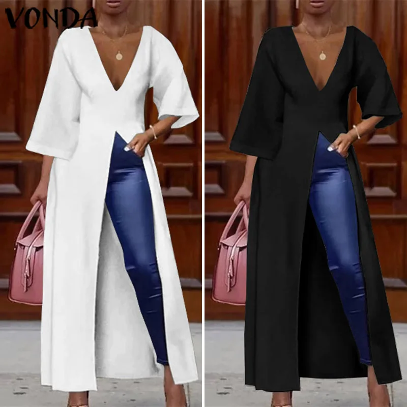 

VONDA Plus Size Blouse Women Deep V Neck Split Long Dress Cocktail Party Dress Office Long Blouse Female Summer Holiday Vestidos