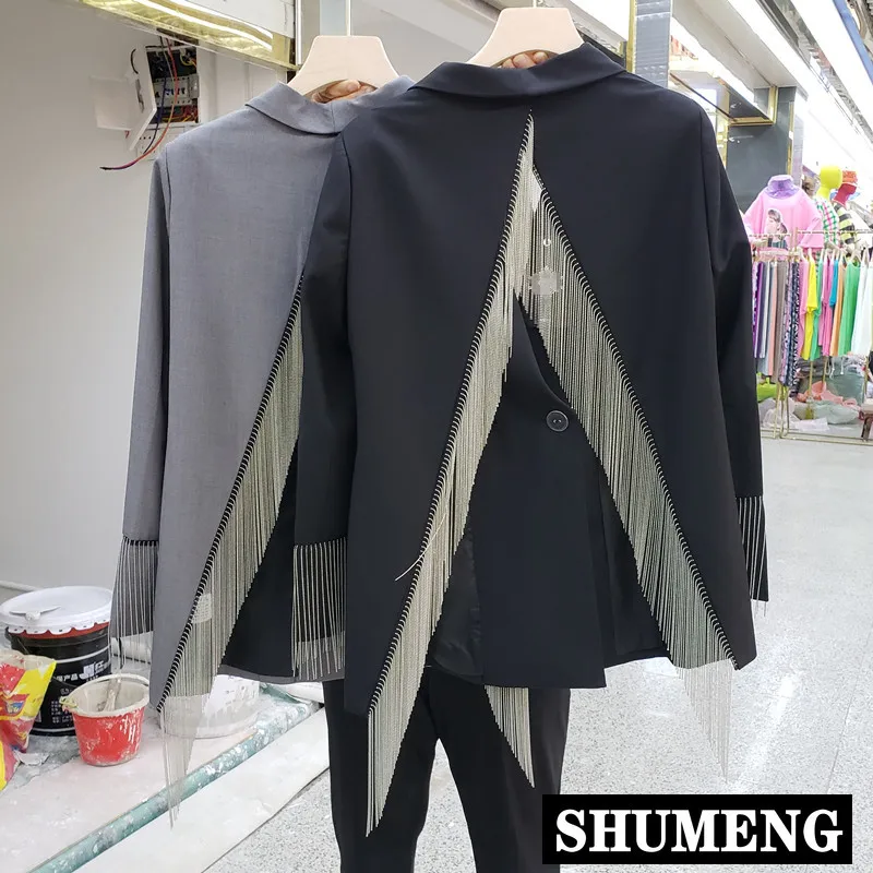 

2019 Autumn New Back Metal Tassel Chain Split OL Small Suit Jacket Women High Street One Button Blazer Jacket Leisure Coats