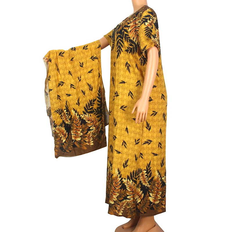2020 Fashion Summer Modern African Dresses For Women Gold 100% Cotton Floral Print Elegant Mama Maxi Dress With Scarf | Тематическая