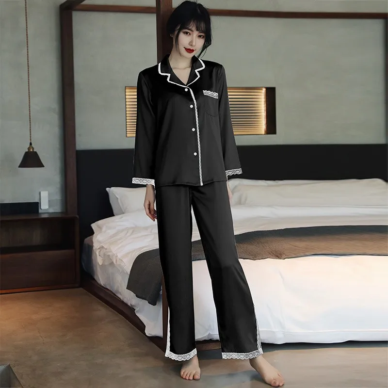 Lace Pj's 2PCS Sleepwear Women Satin Pajamas Suit Summer Pyjamas Casual Intimate Lingerie Long Sleeve Shirt&Pants Lounge Wear